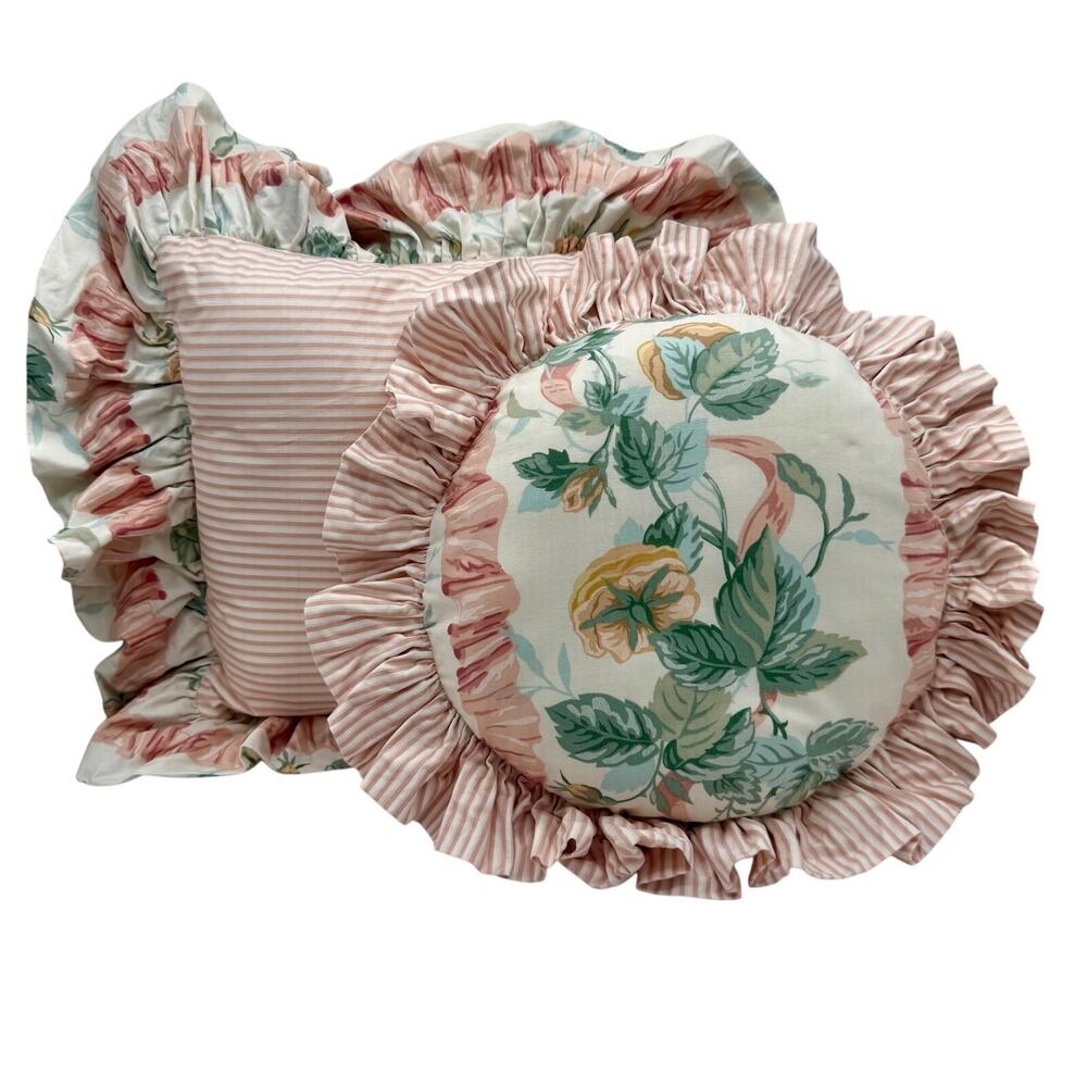 Vintage Cotton Sateen Floral Ruffle‎ Pillow Set Pink Stripe Round Cottage Accent - Picture 5 of 8
